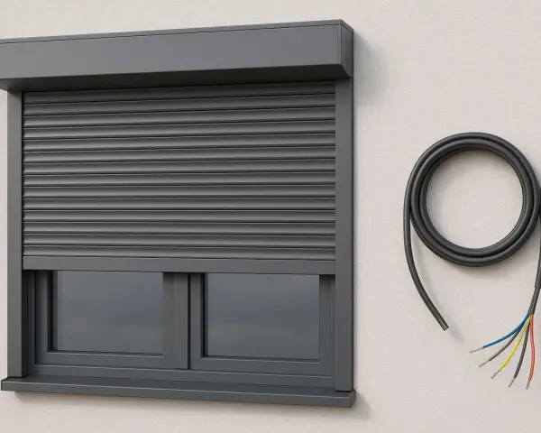 Szary, elektryczny system rolet zewnętrznych zamontowany na ścianie, obok zwinięty kabel z kolorowymi przewodami.