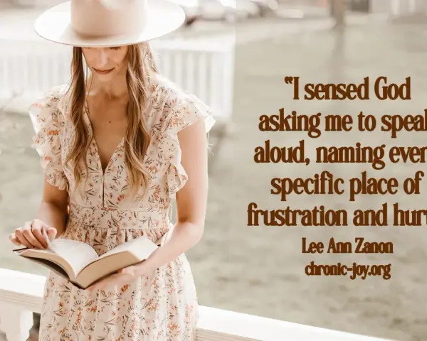 A woman in a floral dress and hat reads a book, her expression thoughtful. The image evokes the feeling of **psalms of lament**, as she seems to be processing difficult emotions.