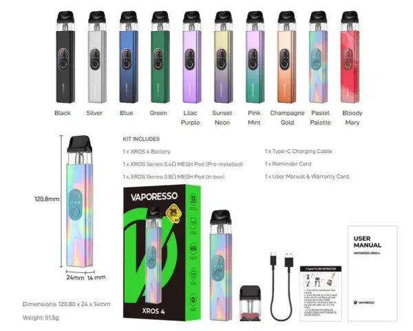 Vaporesso Xros 4 en varios colores: negro, plateado, azul, verde, lila, neón, rosa, dorado, pastel y rojo. Incluye batería, pods, cable y manual.