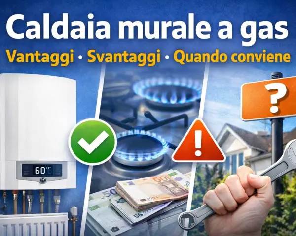 Caldaie di nuova generazione: vantaggi, svantaggi e quando conviene. Immagine con caldaia, fornelli a gas, soldi, chiave inglese e segnali di attenzione.
