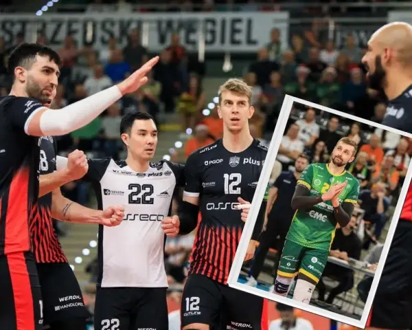 Siatkarze Asseco Resovii w Lidze Mistrzów. W kadrze meczowej widoczni zawodnicy w czarnych strojach, a w ramce gracz w zielonej koszulce.