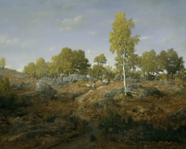 Paysage rocheux et boisé, typique de l'école de Barbizon, avec un chemin sinueux et deux personnages.