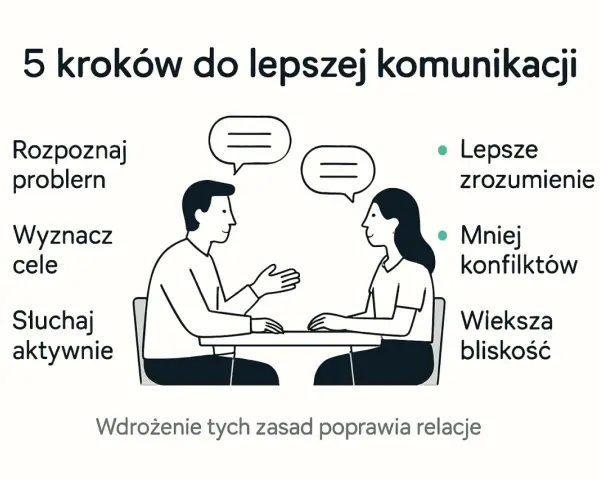 5 kroków do lepszej komunikacji: rozpoznaj problem, wyznacz cele, słuchaj aktywnie. Poprawia to komunikację interpersonalną, prowadząc do lepszego zrozumienia i mniejszej liczby konfliktów.
