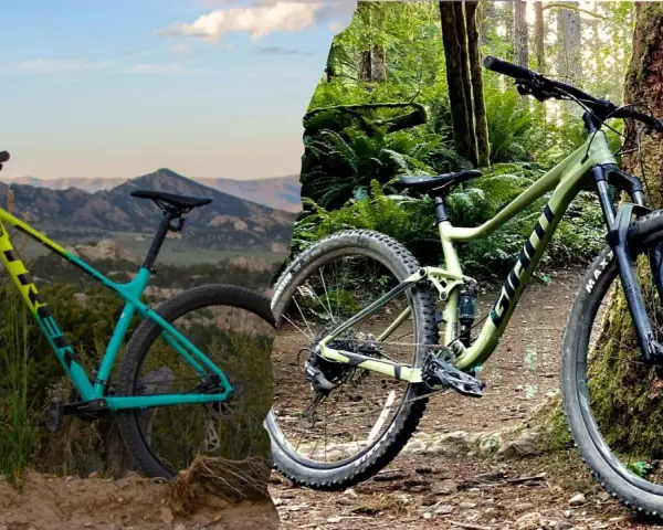 A yellow and teal hardtail bike stands against a mountain backdrop, contrasted with a green full suspension bike in a lush forest.