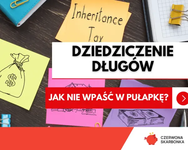 Nalepki z rysunkami worka pieniędzy, domu i stosu banknotów. Tekst: "DZIEDZICZENIE DŁUGÓW".