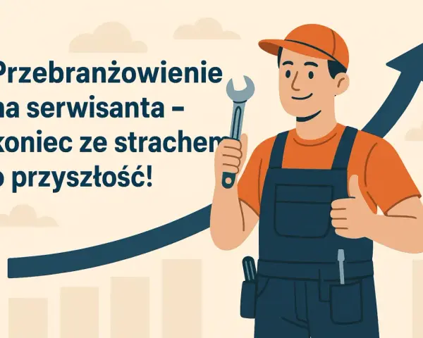 Przebranżowienie na serwisanta to koniec strachu o przyszłość! Uśmiechnięty fachowiec z kluczem w dłoni i kciukiem w górze symbolizuje sukces i rozwój.