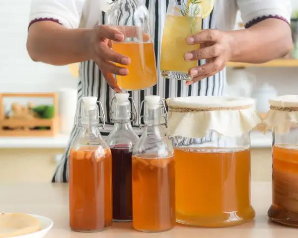Personne tenant une bouteille et un verre de kombucha, entouré de plusieurs bouteilles et bocaux contenant le **champignon de kombucha** en fermentation.