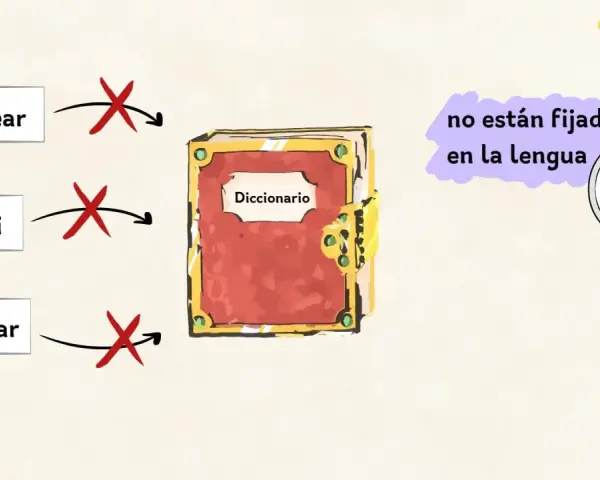Un diccionario muestra ejemplos de tecnicismos como "chatear", "wifi" y "tuitear", indicando que no están fijados en la lengua.