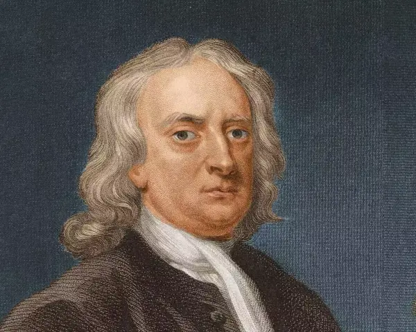 Portrait d'Isaac Newton, le génie qui a découvert la gravité. Il porte une perruque et une tenue d'époque.