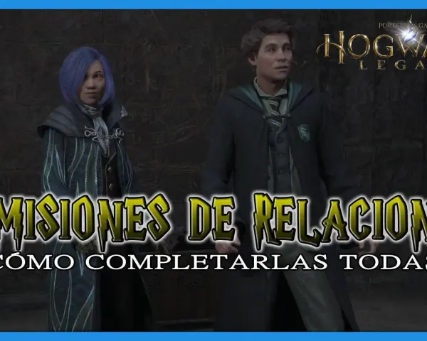 Dos estudiantes de Hogwarts Legacy, uno con pelo azul y otro con uniforme de Slytherin, posan para una guía sobre cómo completar todas las misiones secundarias de relación.