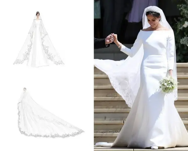 Elegancka suknia ślubna księżnej Meghan z długim welonem i koronkowymi zdobieniami.