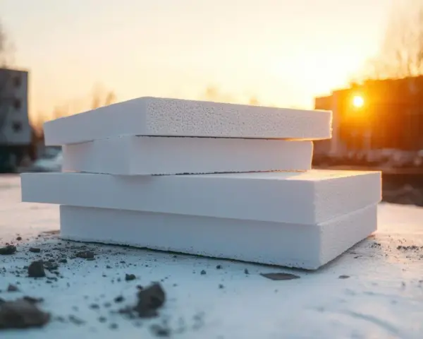 Lastre di polistirolo impilate al tramonto. Questo materiale è un eccellente isolante termico, perfetto per proteggere dal freddo.