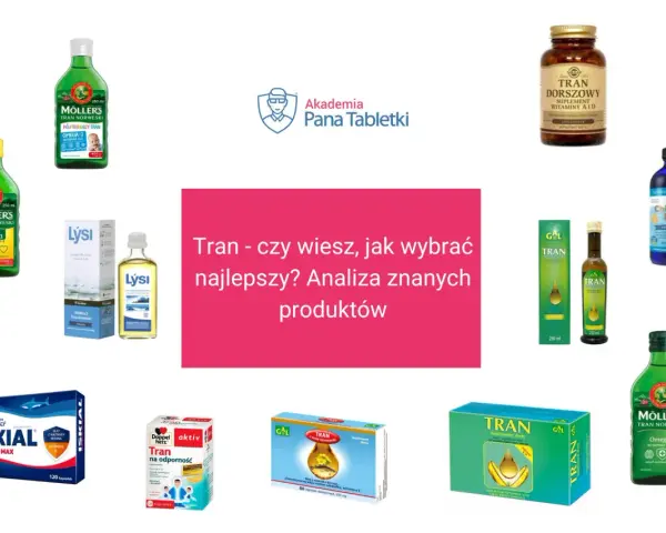 Kolekcja produktów z tranem omega-3: Moller's, Lysi, GAL, Nordic Naturals, Iskia, Doppel Herz.
