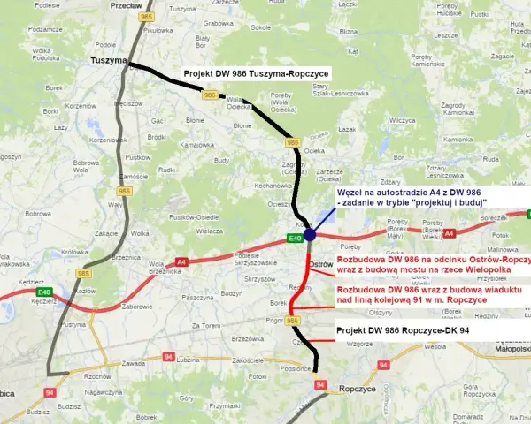 Mapa pokazuje projekt DW 986 Tuszyma-Ropczyce, rozbudowę DW 986 na odcinku Ostrów-Ropczyce i węzeł na autostradzie A4.