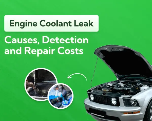 A silver car with its hood open, illustrating an engine coolant leak. The image shows causes, detection, and repair costs.