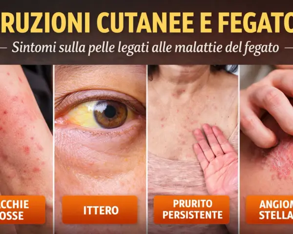 Eruzioni cutanee e ittero: la pelle mostra macchie rosse, una protuberanza cutanea pruriginosa e angiomi stellati, sintomi legati a malattie del fegato.