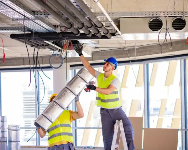 Dwóch pracowników montuje systemy HVAC, instalując izolację na rurach. To kluczowy element zapewniający komfort cieplny.