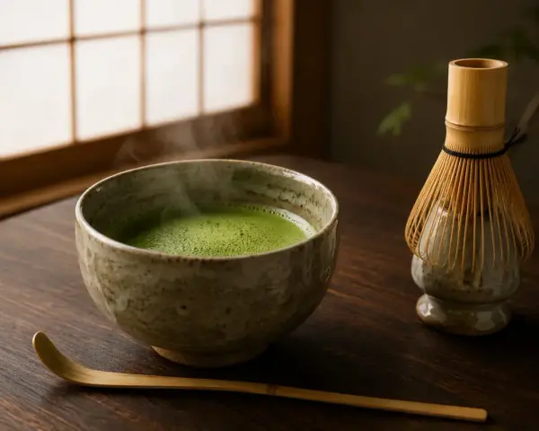 Parzona zielona herbata matcha w ceramicznej miseczce, obok bambusowa miotełka i łopatka.