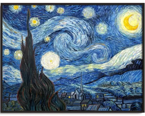 Nuit étoilée, chef-d'œuvre des artistes impressionnisme. Un cyprès sombre domine un village sous un ciel tourbillonnant de lune et d'étoiles.