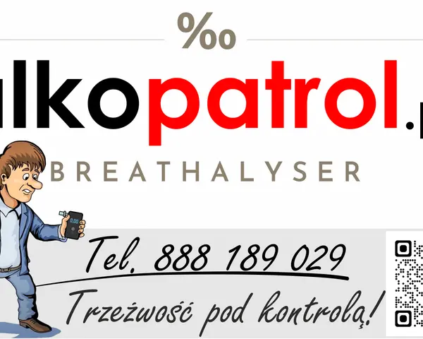 Ilustracja mężczyzny z alkomatem i logo "alkopatrol.pl".
