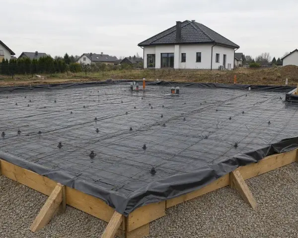 Fundament budowy domu z zbrojeniem i folią fundamentową, gotowy do zalania betonem. W tle widać domy mieszkalne.