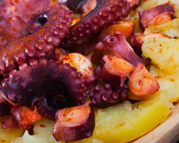 Pulpo cocido con patatas y pimentón, un plato gallego delicioso.