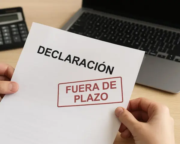 Manos sostienen un documento de "DECLARACIÓN" con un sello rojo que dice "FUERA DE PLAZO". Detrás, una calculadora y un portátil. Pregúntate: ¿qué pasa si no hago la declaración de la renta?