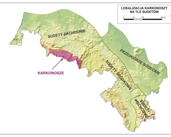 Mapa pokazuje lokalizację Karkonoszy na tle Sudetów. Widać podział na Sudety Zachodnie, Środkowe, Wschodnie i Przedgórze Sudeckie.