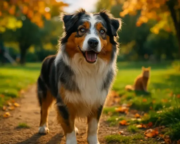 Un magnifique berger australien aux yeux bleus, souriant dans un parc d'automne. Un chat roux est visible en arrière-plan.