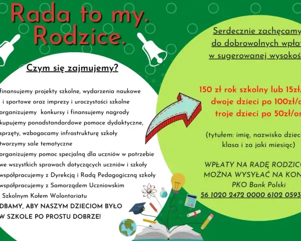 Rada rodziców to my! Działamy na rzecz uczniów: finansujemy projekty, organizujemy konkursy, wzbogacamy szkołę. Zachęcamy do wsparcia.