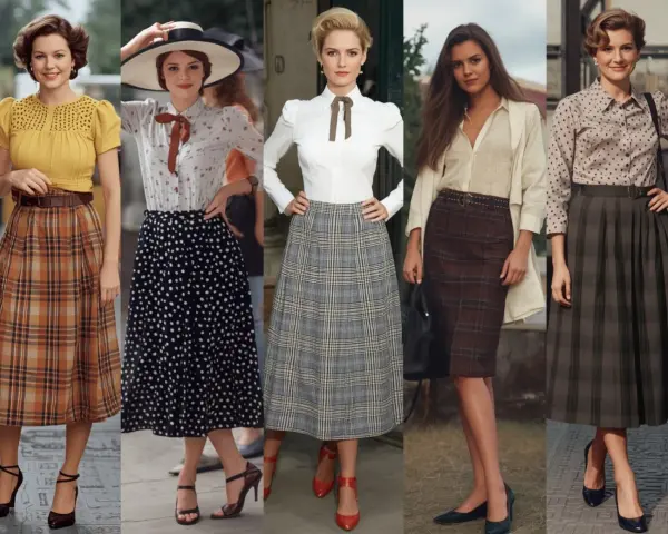 Pięć kobiet prezentuje stylizacje inspirowane modą lat 50.: spódnice w kratę i groszki, bluzki z kokardami i kapelusz.