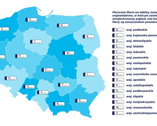 Mapa Polski z literami oznaczającymi województwa i powiaty. Pierwsza litera to województwo, kolejne to powiat. Wy rejestracja pojazdu zależy od regionu.