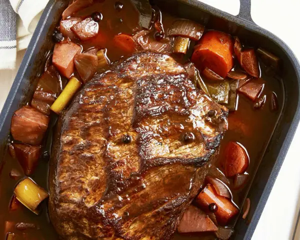Herzhaftes Rinderbratenstück in dunkler Sauce mit Karotten und Lauch, perfekt für festliche Schmorgerichte an Weihnachten.