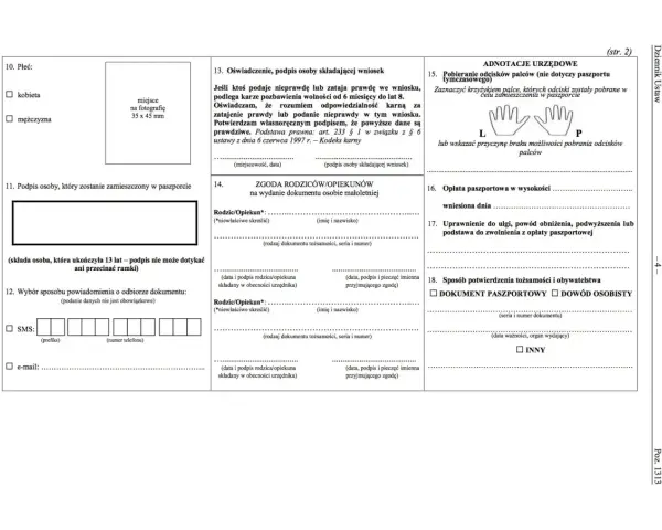 Formularz wniosku o paszport, zawiera sekcje dotyczące danych osobowych, zgody rodziców i adnotacji urzędowych.