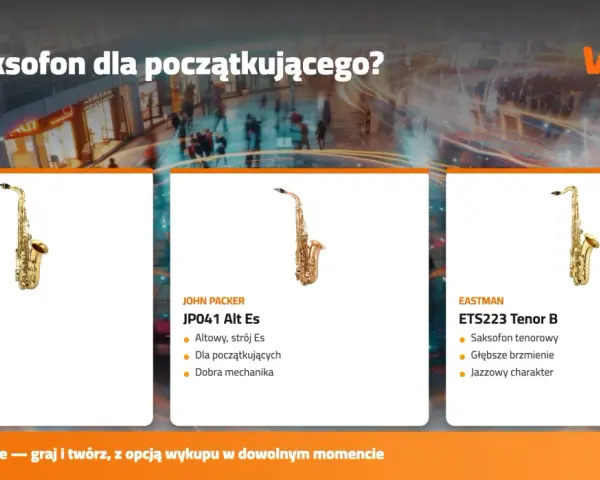Poradnik prezentuje różne rodzaje saksofonów: altowy EAS253, altowy JP041 i tenorowy ETS223, idealne dla początkujących.