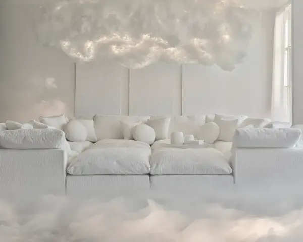 Sofá blanco y mullido con cojines, bajo una nube luminosa que evoca un **cloud dancer color** etéreo.