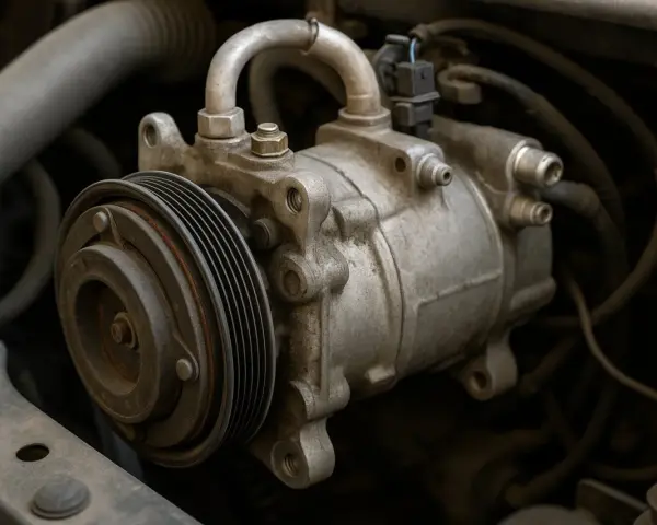 Detailaufnahme eines Auto-Klimakompressors. Die Klimaanlage im Auto funktioniert nicht, was auf ein Problem mit diesem Teil hindeuten könnte.