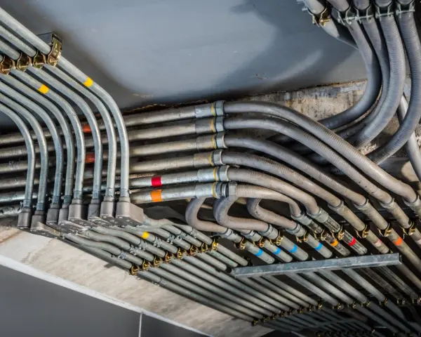 Plątanina metalowych i plastikowych rur, czyli peszli, prowadzących instalację elektryczną pod sufitem.