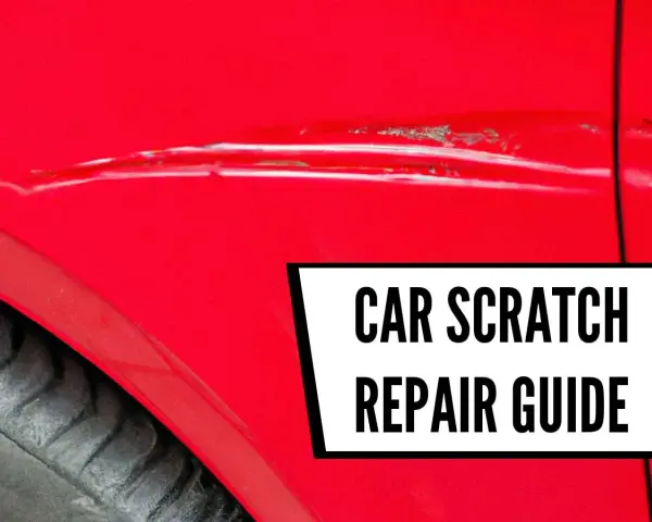 A deep scratch mars the bright red paint of a car door. Text overlay reads "CAR SCRATCH REPAIR GUIDE.