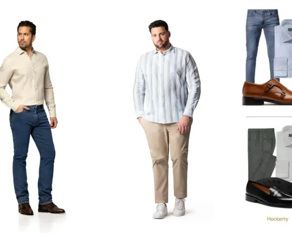 Dos hombres modelan atuendos business casual: uno con camisa beige y jeans, otro con camisa a rayas y chinos.