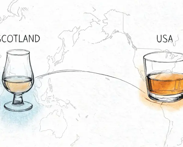 Szkocka whisky w kieliszku i amerykańska w szklance na tle mapy świata. Różne rodzaje whisky, różne kontynenty.