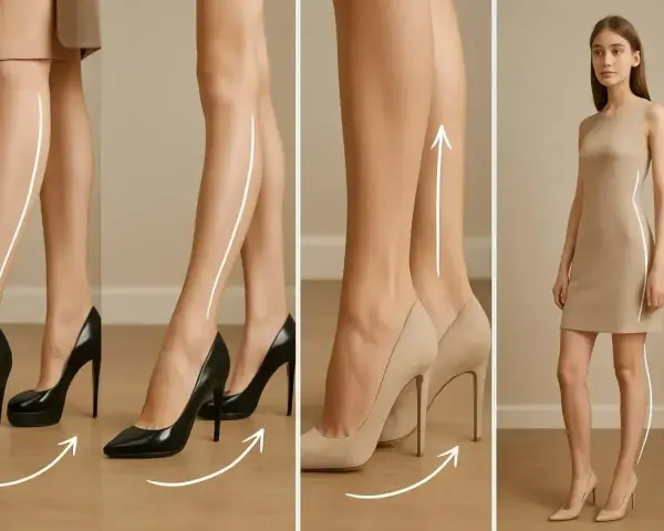 Eleganckie obcasy podkreślają linię nóg. Modelka w beżowej sukience prezentuje smukłą sylwetkę.