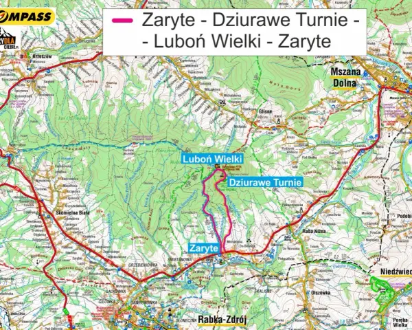 Mapa szlaku turystycznego Zaryte - Dziurawe Turnie - Luboń Wielki. Widoczne szczyty, doliny, rzeki i miejscowości.