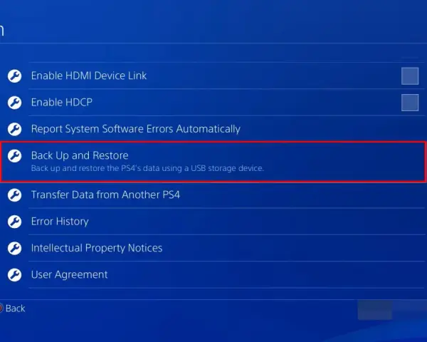 Menu System na PS4. Opcja "Kopia zapasowa i przywracanie" jest podświetlona, co może pomóc w rozwiązaniu problemu, jak zwolnić miejsce na PS4.