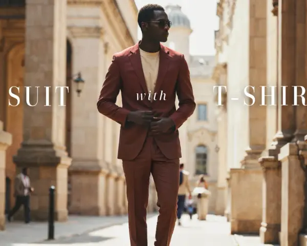 Uomo con abbinamento giacca t-shirt, un look moderno ed elegante per le strade della città.