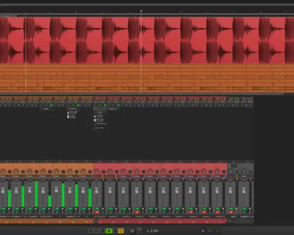 Program do produkcji muzyki z falami dźwiękowymi i suwakami miksera, sugerujący mroczne, **reaper themes**.