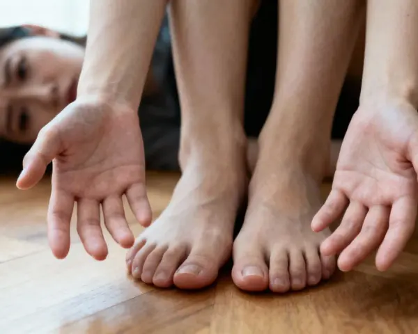 Femme aux mains tendues et pieds nus sur un parquet. Ses ongles semblent fragiles, peut-être un signe de carence en vitamine B12.