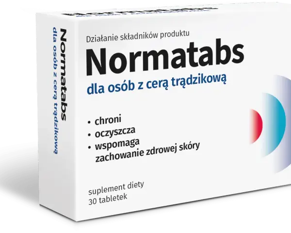 Opakowanie suplementu diety Normatabs dla osób z cerą trądzikową. Wspomaga zachowanie zdrowej skóry.