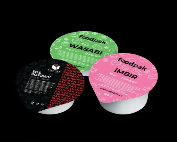 Trzy opakowania sosów do sushi: sos sojowy, wasabi i imbir. Idealne dodatki do Twojego ulubionego sushi.