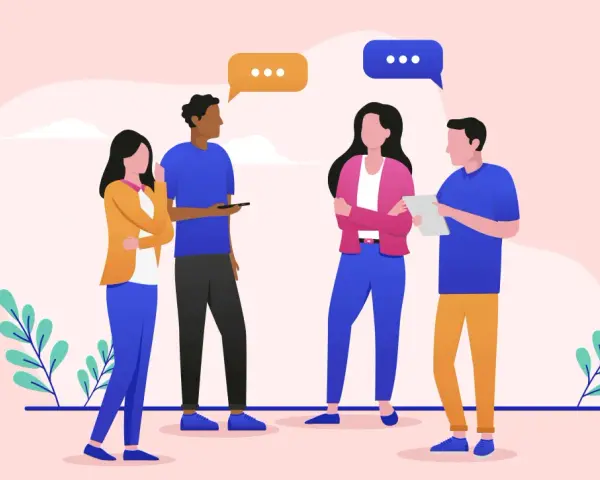 Gruppo di persone impegnate in una vivace comunicazione tra colleghi di lavoro, con fumetti che indicano lo scambio di idee.